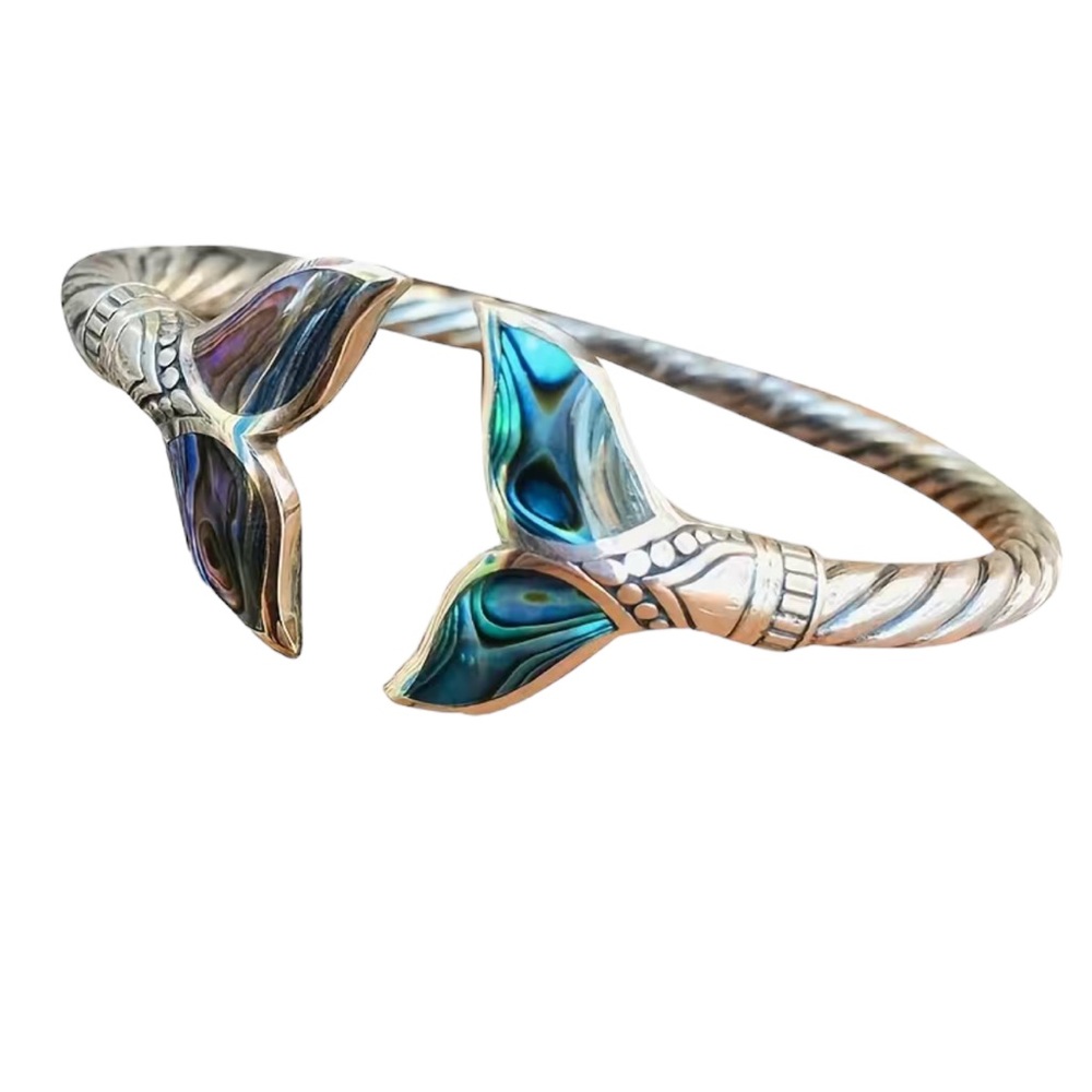 Colorful Whale Tail Decorated Silver Cuff Bracelet - Picture 2 of 8